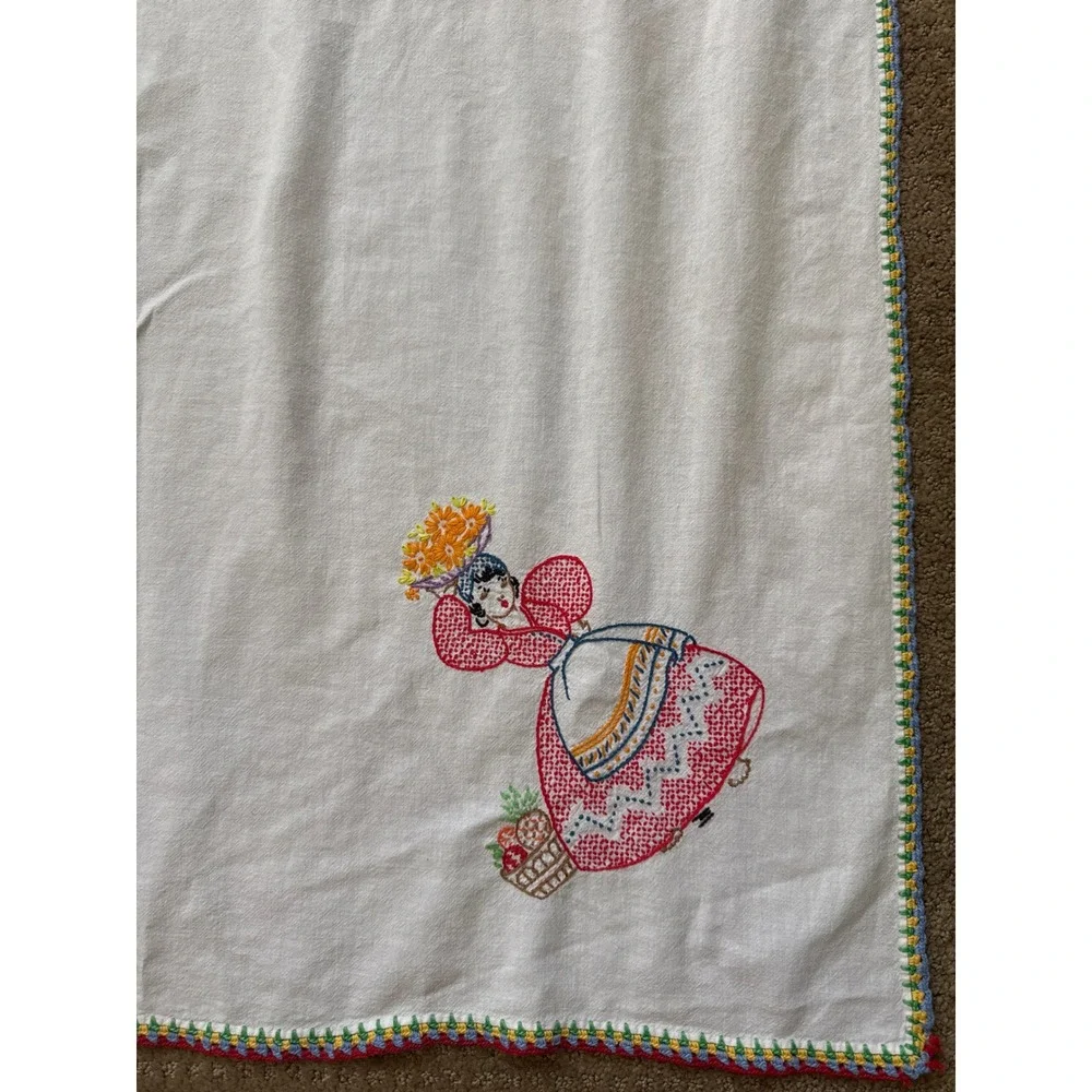 Vintage Hand Embroidered Mexican Folk Art Square Tablecloth Crocheted Edge 4ft